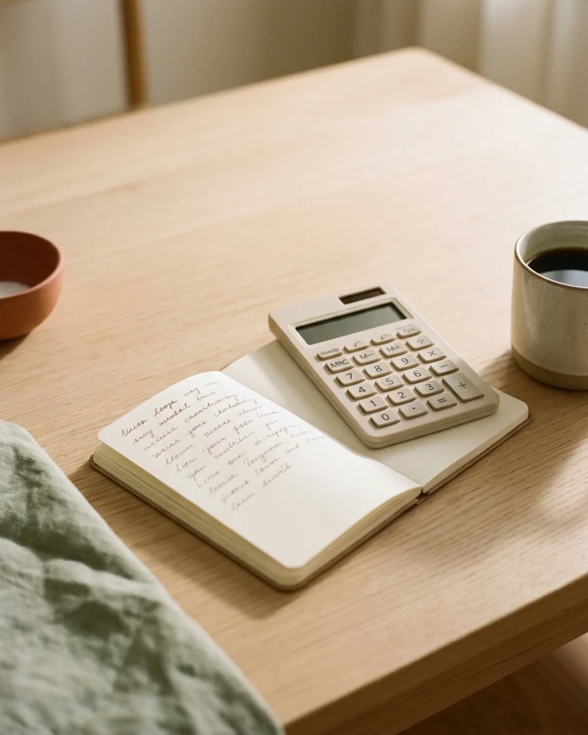 Una calculadora i un quadern damunt d’una taula clara