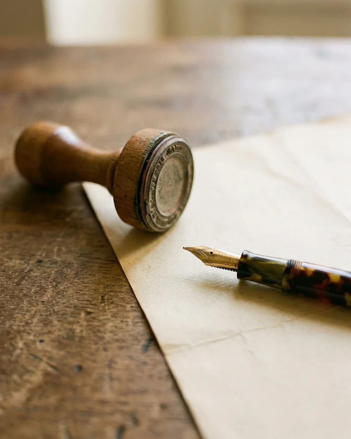 Un segell i un bolígraf damunt d’un document