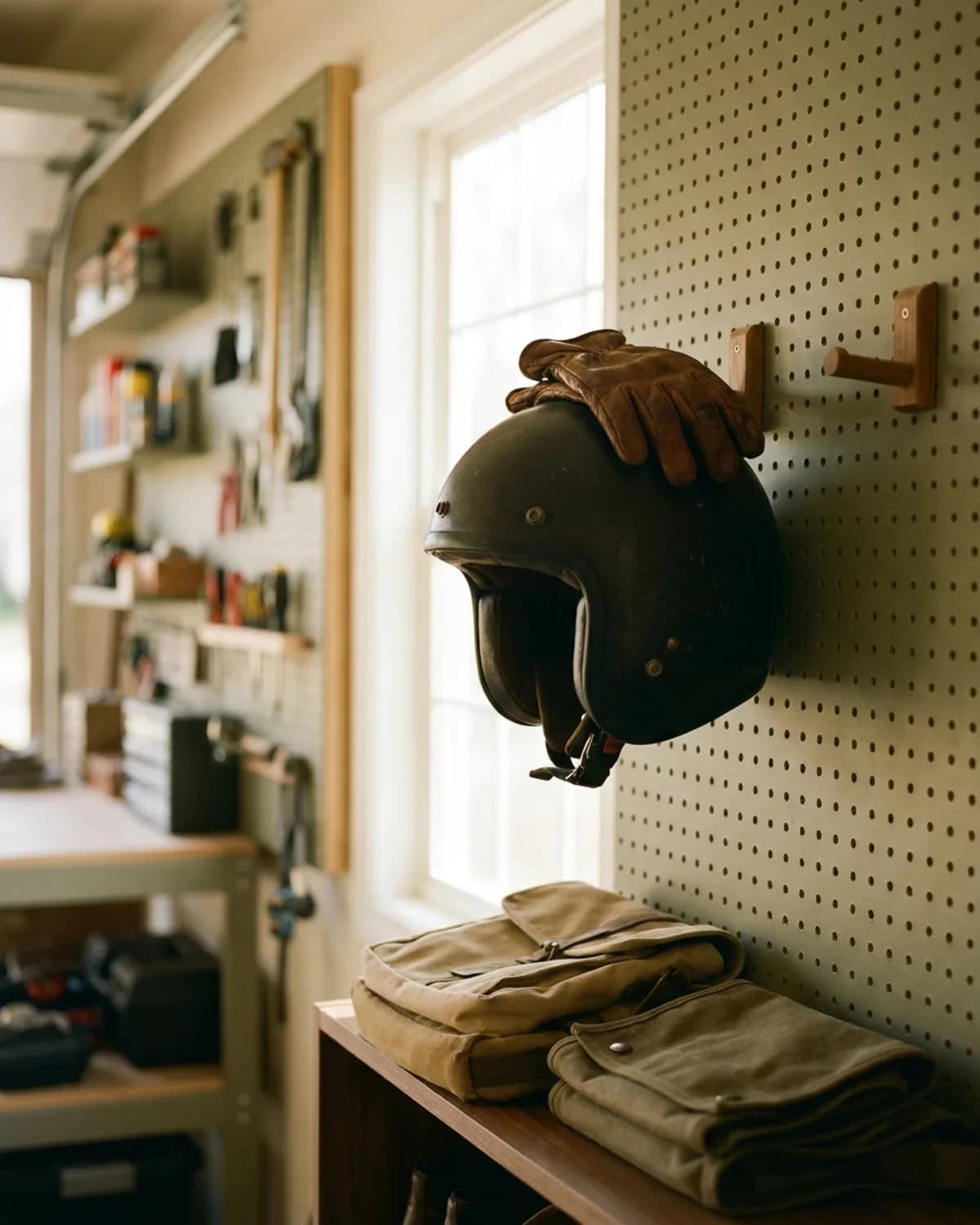 Casco colgado, guantes encima, garaje ordenado.