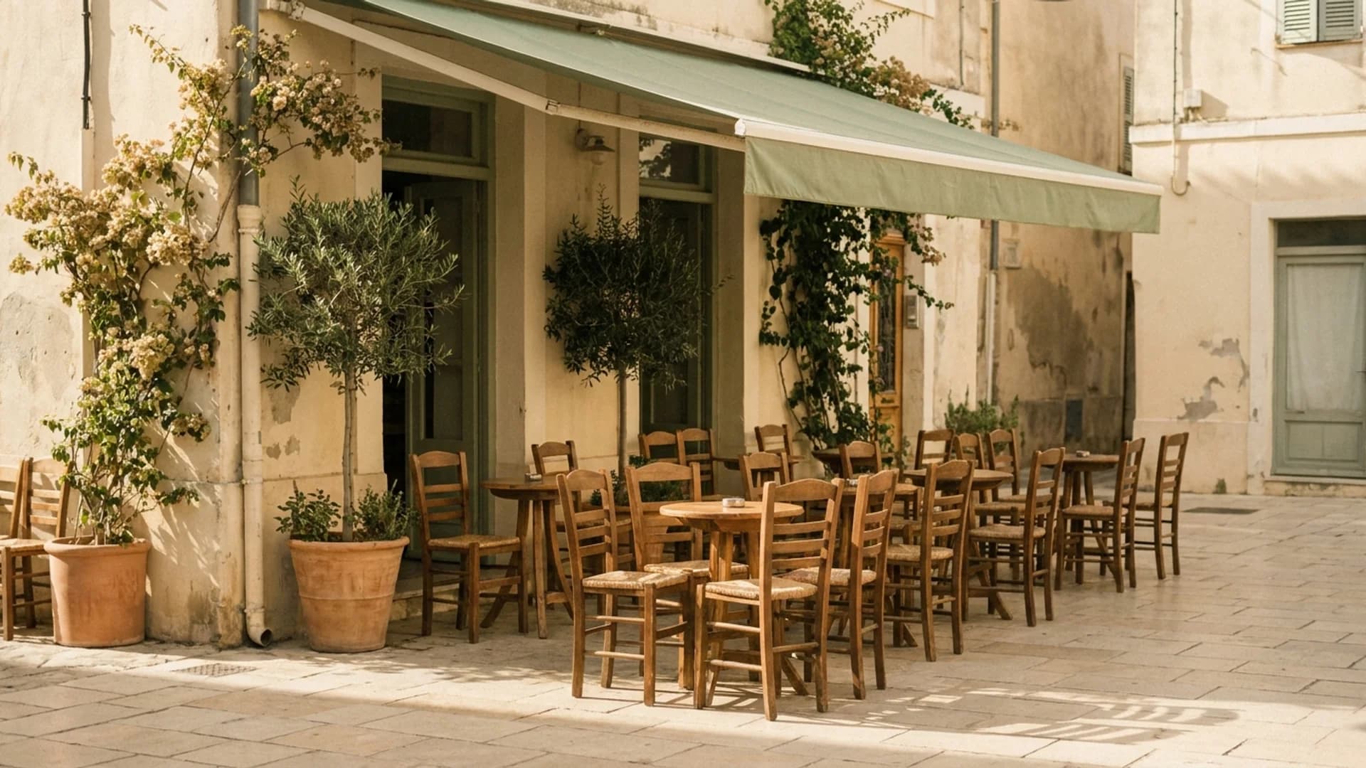 La terrassa d’un bar acabada de parar al matí